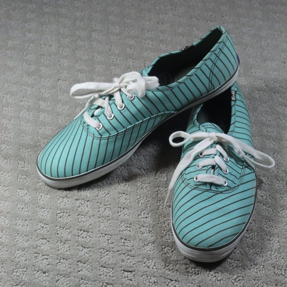 Classic Iconic Keds Size 9.5 Aqua with Brown Stripes Canvas Sneakers - Picture 1 of 6